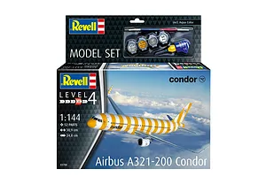 Revell 1/144 scale Airbus A321-200 Condor model kit box showing the finished aircraft with yellow and white stripes flying above clouds.