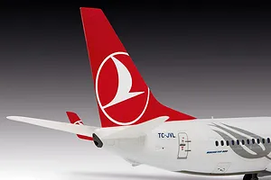 Close-up of the tail section of a Revell 1/144 scale Boeing 737-800 model aircraft in Turkish Airlines livery.