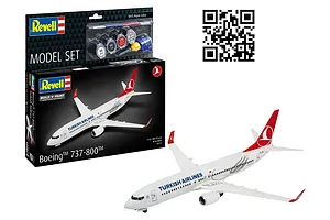 Revell 1/144 scale Boeing 737-800 Turkish Airlines model kit box and a fully assembled model aircraft on a white background.