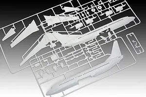 White plastic model aircraft kit sprues for a Boeing 737-800, including fuselage halves, wings, and engine parts on a grey background.