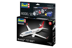 Revell 1/144 scale Boeing 737-800 Turkish Airlines model kit box, featuring a finished model image, paints, glue, and brush included.