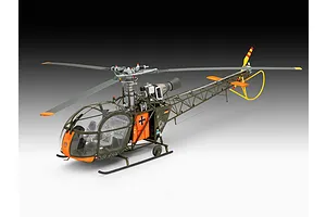 A completed 1/32 scale plastic model of a German Air Force Alouette II helicopter, featuring olive green and orange paint with detailed cockpit and rotor.