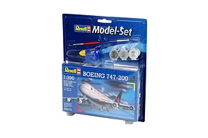 Revell 1/390 Boeing 747-200 model aircraft starter kit in blister packaging with paint, glue, and a brush.