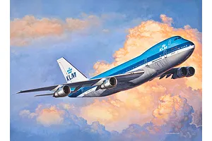An artistic illustration of a KLM Boeing 747-200 aircraft flying through a sunset sky with orange and blue clouds.