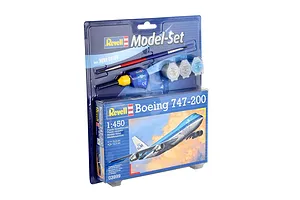 Revell 1/450 Boeing 747-200 model kit in blister packaging, including paint pots, glue, and a paintbrush.