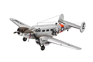 A fully assembled and painted 1/48 scale model of a silver Beechcraft Model 18 aircraft with US Navy markings.