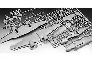 Grey plastic model aircraft kit sprues for a Beechcraft Model 18, including wings, fuselage halves, and engine parts on a gradient background.