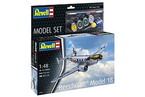 Revell 1/48 scale Beechcraft Model 18 plastic model aircraft kit box with included paints, brush, and glue.