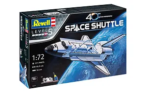 Revell 1/72 scale Space Shuttle 40th Anniversary model kit box showing the shuttle in orbit with included paints, glue, and brush.