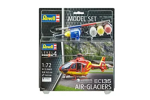 Revell 1/72 scale Airbus EC135 Air-Glaciers helicopter model kit in blister packaging with included paints, glue, and brush.