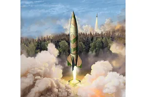 An artistic illustration of a German A4-V2 rocket launching from a forest clearing, with smoke and fire billowing from the base.