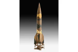 A 1/72 scale plastic model of a German A4-V2 rocket standing upright on its launch platform, featuring a brown, tan, and dark green camouflage pattern.