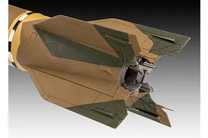 Close-up of the tail section of a painted A4-V2 rocket model kit featuring tan and dark green camouflage patterns.