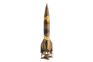A fully assembled and painted 1/72 scale model of a German A4-V2 rocket standing upright on its launch platform against a white background.