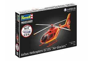 Revell 1/72 scale Airbus EC135 Air-Glaciers helicopter model kit box showing the finished red and yellow helicopter model.