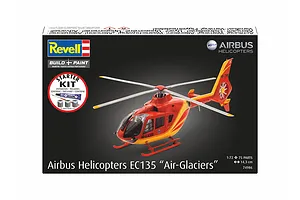 Revell 1/72 scale Airbus EC135 Air-Glaciers helicopter plastic model starter kit box showing the finished red and yellow model.