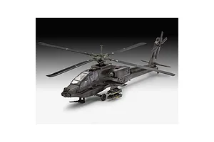 A completed 1/100 scale plastic model kit of an AH-64A Apache helicopter in dark green camouflage, shown from a high-angle side view.