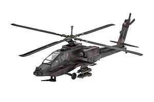A fully assembled 1/100 scale Revell AH-64A Apache helicopter plastic model kit, painted in dark olive drab with U.S. Army markings.