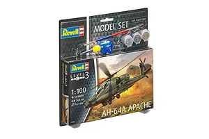 Revell 1/100 scale AH-64A Apache helicopter model starter kit in blister packaging with included paints and glue.