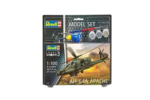 Revell 1/100 scale AH-64A Apache helicopter model starter kit in blister packaging with included paint, glue, and brush.