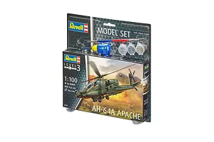 Revell 1/100 scale AH-64A Apache helicopter model kit in blister packaging, including paint pots, glue, and a paintbrush.