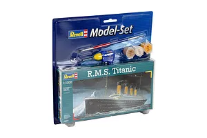 Revell 1/1200 scale R.M.S. Titanic plastic model starter kit in blister packaging, including paint pots, glue, and a paintbrush.