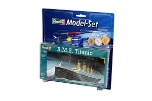 Revell 1/1200 scale R.M.S. Titanic plastic model starter kit in blister packaging with included paint, glue, and brush.