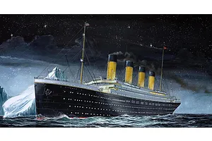 An artistic illustration of the RMS Titanic sailing at night past an iceberg, featuring four yellow funnels and a black hull against a starry sky.