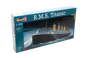 A Revell 1/1200 scale R.M.S. Titanic plastic model kit box showing an illustration of the ship at sea.