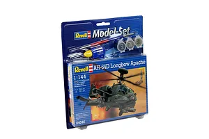 Revell 1/144 AH-64D Apache Longbow model kit in blister packaging with included paint, glue, and brush.
