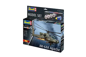 Revell 1/72 scale AH-64A Apache helicopter plastic model starter kit box showing the finished model and included paints and glue.