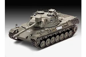A high-angle studio shot of a fully assembled and painted 1/35 scale Revell Leopard 1 tank model, featuring olive drab camouflage and German military markings.