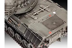 Close-up, high-angle view of the rear deck and turret of a 1/35 scale Leopard 1 tank model, showing detailed engine grilles, tools, and tracks.