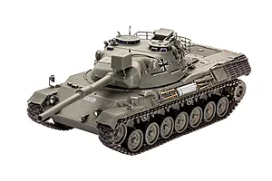 A high-angle studio shot of a fully assembled and painted 1/35 scale Revell Leopard 1 tank model on a white background.