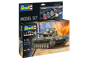 Revell 1/35 scale Leopard 1 tank plastic model kit box showing the finished tank model, paint pots, glue, and a paintbrush.