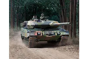 Box art illustration of a Leopard 2 A6 tank in a forest setting, featuring camouflage paint and a crew member in the turret.