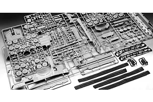 Grey plastic model kit sprues for a 1/35 scale Leopard 2 tank, including tank tracks, wheels, and hull components on a white background.