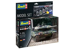 Revell 1/35 scale Leopard 2 A6/A6NL plastic model tank starter kit box with included paints, brush, and glue.