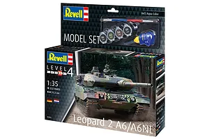 Revell 1/35 scale Leopard 2 A6/A6NL plastic model tank starter kit box showing the finished model and included paints, brush, and glue.