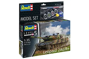 Revell 1/35 scale Leopard 2 A6M+ plastic model tank starter kit box showing the finished model, paints, and glue included.