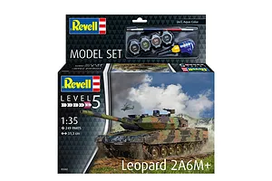Revell 1/35 scale Leopard 2 A6M+ plastic model tank starter kit box showing the tank in action and included paints and glue.