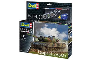 Revell 1/35 scale Leopard 2 A6M+ plastic model tank starter kit box showing the finished model, paints, glue, and brush.