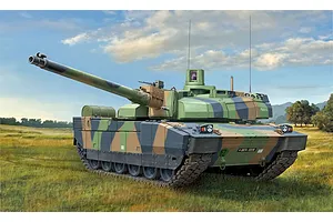 An artistic illustration of a French Leclerc tank in a field, featuring a green, brown, and grey camouflage pattern.