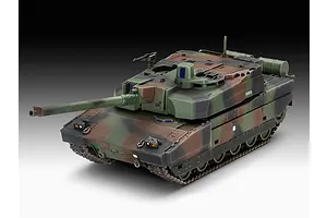 A 1/72 scale plastic model of a French Leclerc T.5 main battle tank, painted in a three-tone camouflage pattern with the name PARIS on the side.