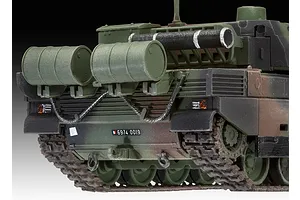 Close-up rear view of a 1/72 scale plastic model Leclerc tank showing fuel drums, tracks, and camouflage paint.
