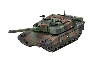 A fully assembled and painted 1/72 scale plastic model of a French Leclerc T.5 main battle tank with camouflage paint.