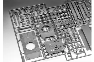 Grey plastic model kit sprues for a 1/72 scale Leclerc tank, showing various tank components like wheels, tracks, and hull parts.