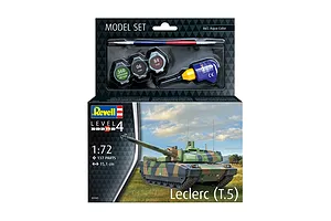 Revell 1/72 scale Leclerc (T.5) tank plastic model starter kit box showing the tank model, paints, glue, and brush.
