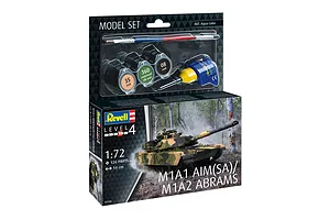 Revell 1/72 scale M1A1 AIM(SA)/M1A2 Abrams model tank starter kit box with included paints, glue, and brush.