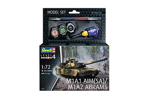 Revell 1/72 scale M1A1 AIM(SA)/M1A2 Abrams model tank starter kit box showing the tank, paint pots, and a paintbrush.